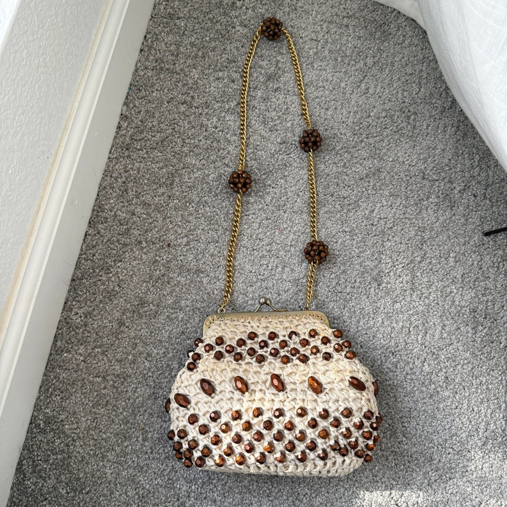 Vintage‎ Beaded Clutch Bag Raffia Crochet Chain Strap Made in Italy Evening Bag - Picture 8 of 10
